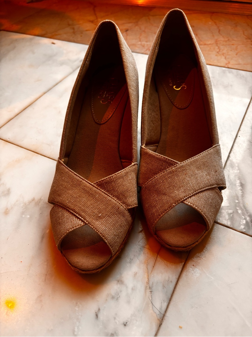 Espadrilles peep toe Khaki Chambray wedge Chaps -Ralph- Lauren 7B